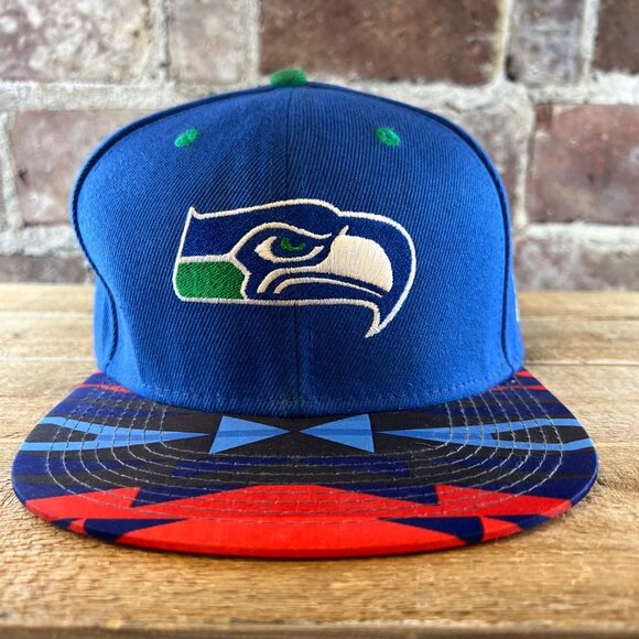 Seattle Seahawk Mitchell & Ness Vintage NFL Flat Bill Hat Cap Red & Blue - Picture 1 of 10
